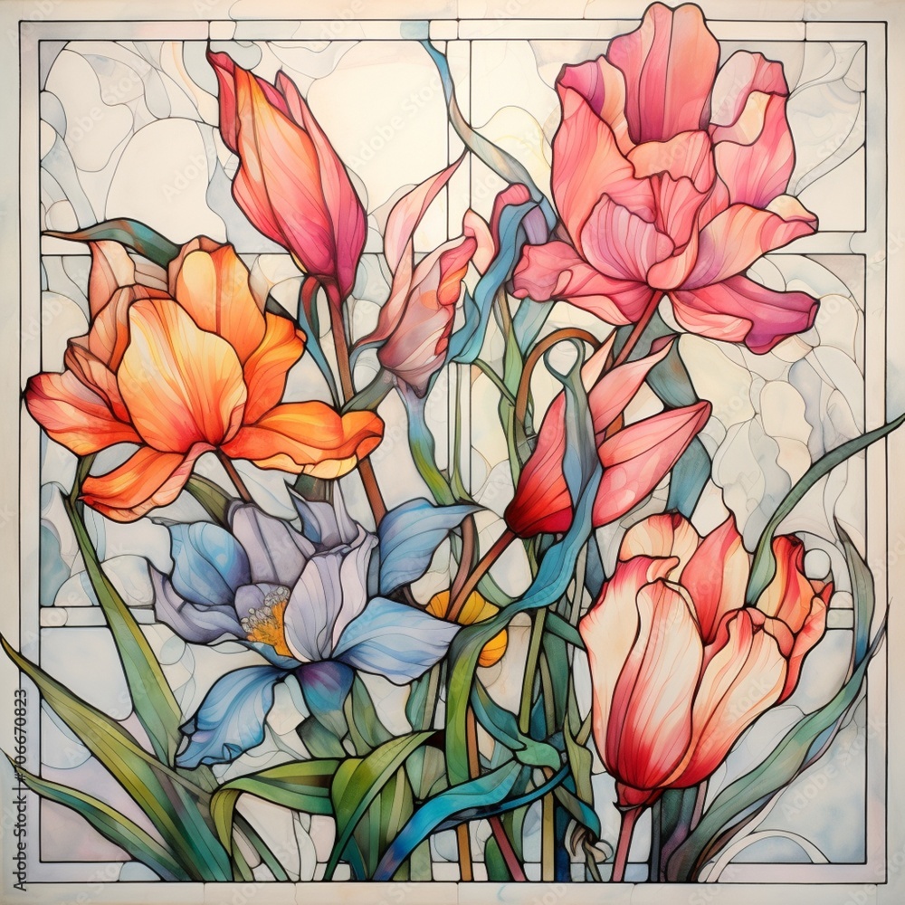 Pencil sketch stained glass flowers image Generative AI Pencil sketch stained glass flowers image Generative AI