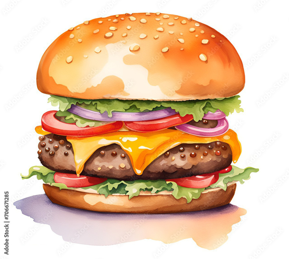 Watercolor painting of a delicious hamburger. Watercolor painting of a delicious hamburger.