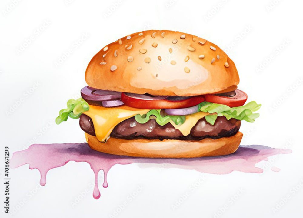 Watercolor painting of a delicious hamburger. Watercolor painting of a delicious hamburger.