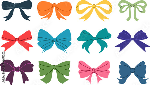 Colorful bows, gift bows. Simple hand drawn ribbon bow collection. Bowknot for decoration, big set