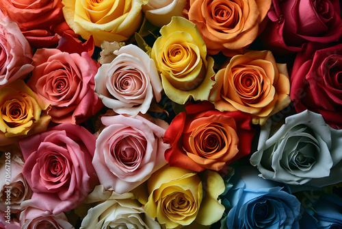 The background is a bed of multicolored fantasy roses 