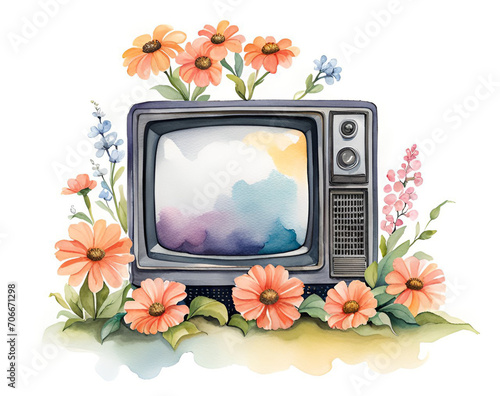 Vintage watercolor painting of a old TV with flowers. 