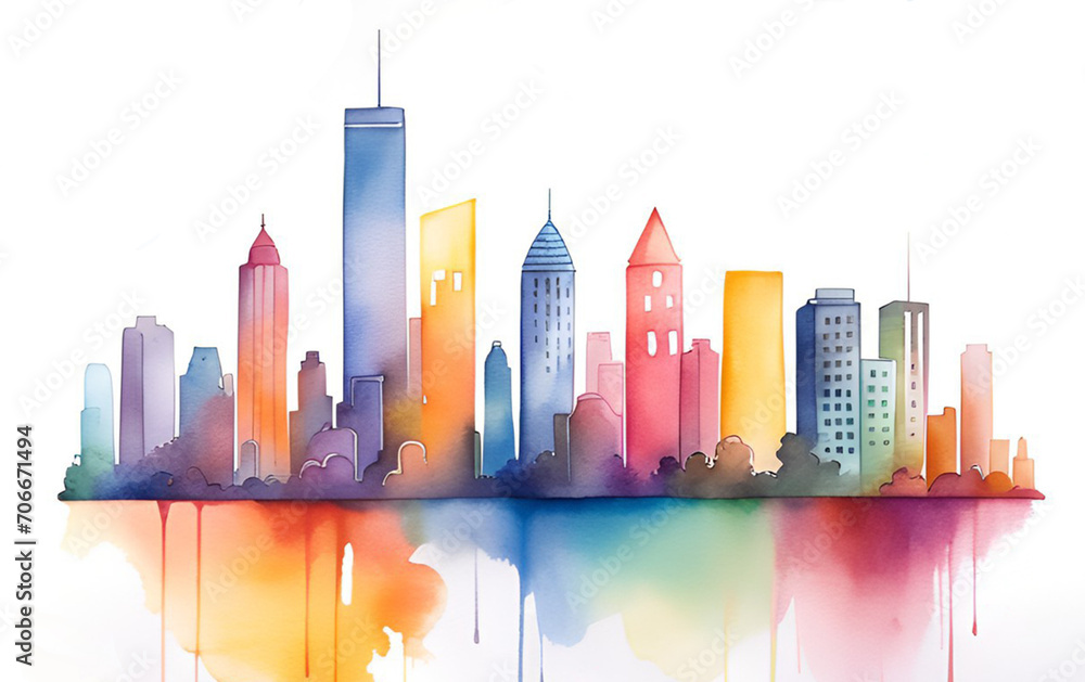 Watercolor painting of colorful modern city skyline.