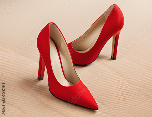 A pair of red high heels on a beige carpet.