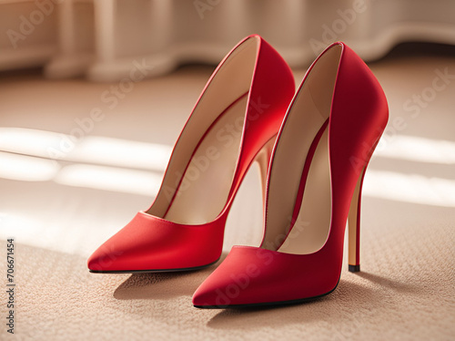 A pair of red high heels on a beige carpet.