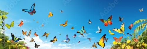 Bright blue sky with clouds and flying colorful butterflies, banner