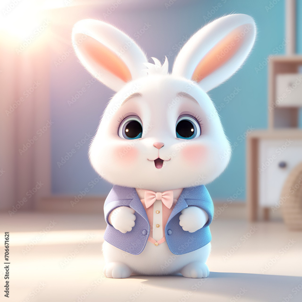 Cute little fluffy bunny wearing suit.  Adorable bunny wearing a bow tie and a colorful suit.