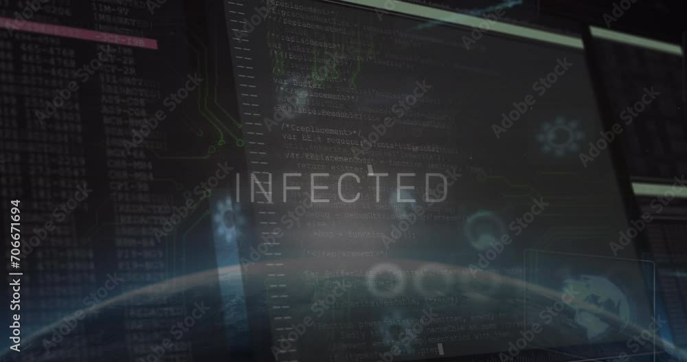 Animation of infected text and data processing over globe on black background Animation of infected text and data processing over globe on black background