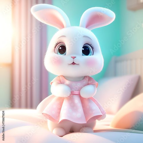 Cute little fluffy bunny wearing pink dress.  Adorable bunny wearing pink dress.