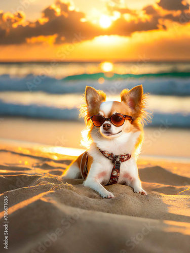 chien chihuahua à la plage, avec des lunettes, concept vacances © AlcelVision