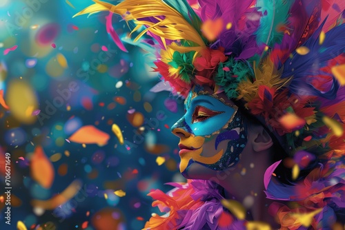 Homem com máscara de carnaval com fundo colorido, exaltando todas as cores do carnaval brasileiro e veneziano photo