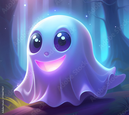 Cute happy halloween ghost in the forest at night.