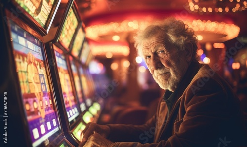 An old man playing on slot machine in casino