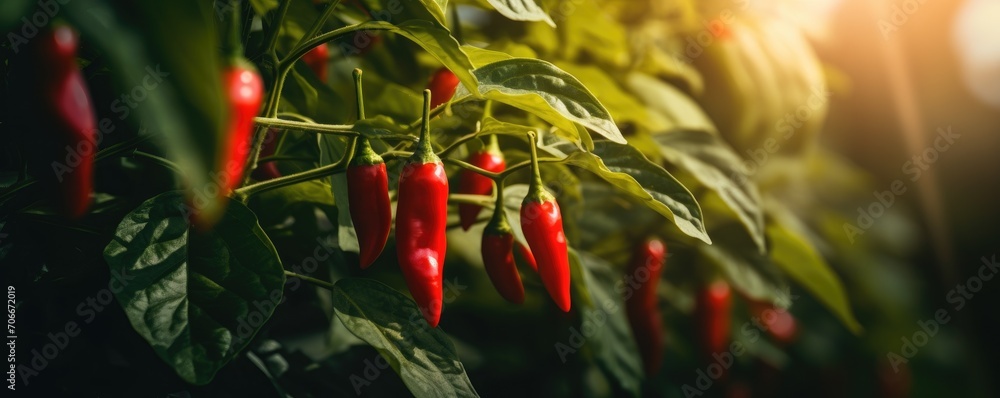 Beautiful ripe red chilli peppers on branch in amazing sunny garden