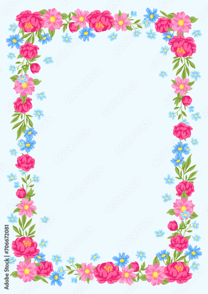 Frame with pretty flowers. Beautiful decorative natural plants and leaves.