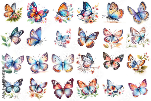 Big collection of beautiful watercolor butterflies. photo