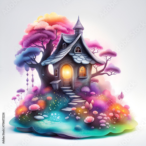 3d render of a a small cottage with a flower garden made up of liquid alcohol ink dust. © Katarzyna