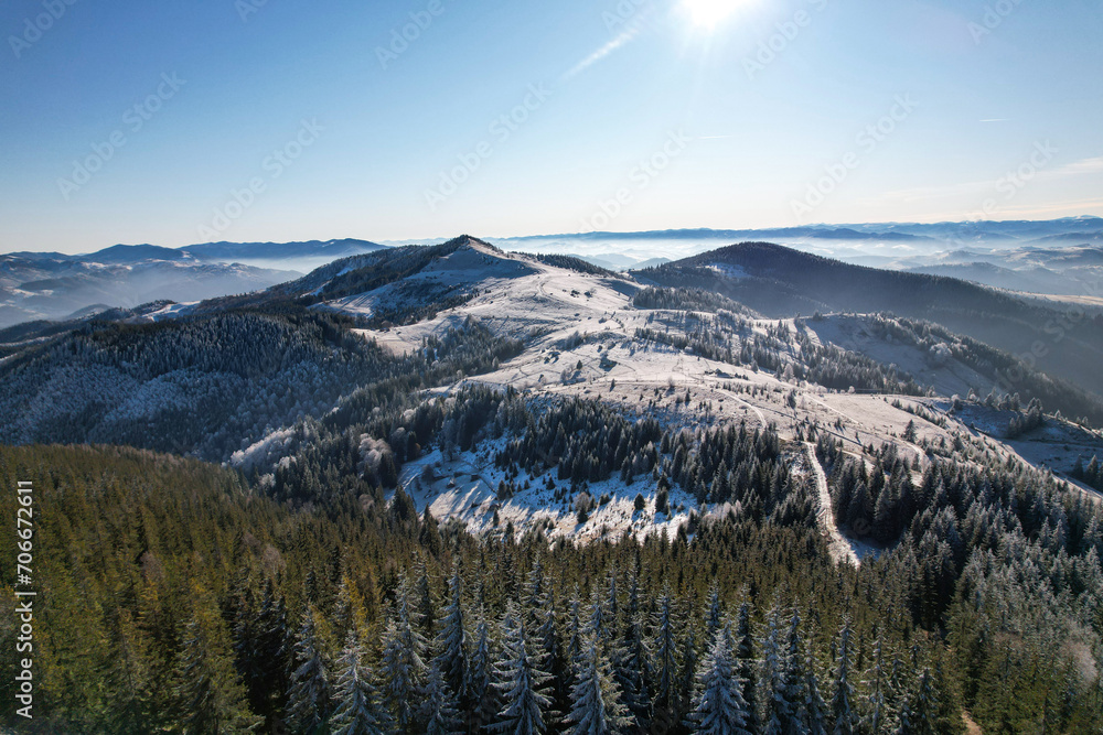 Snow-covered Carpathian mountains, sunny weather on the top of Mount Pysany Kamin. Ukraine
