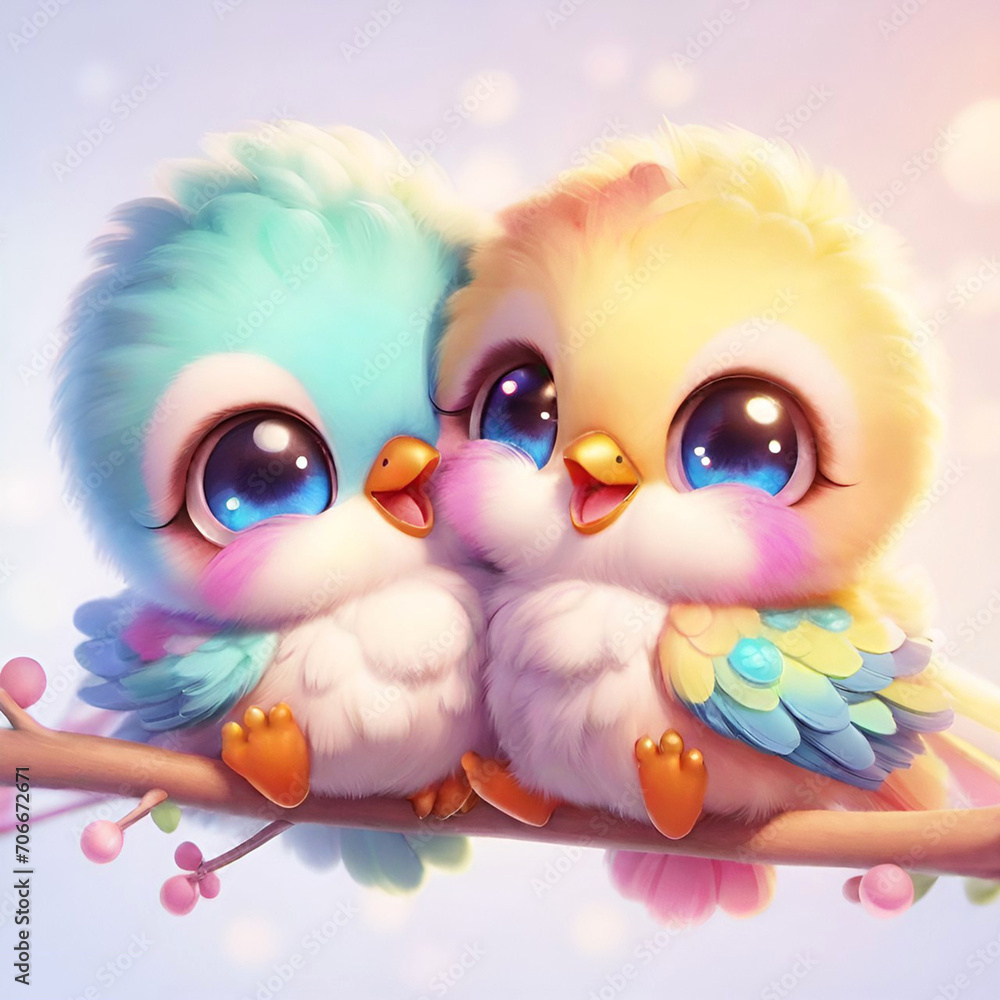 Two  cute colorful lovebirds sitting on a branch