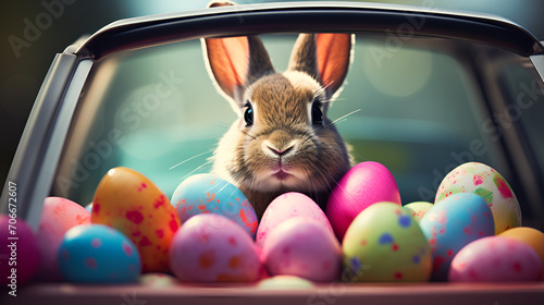 easter bunny and eggs happy easter day,Cute Easter Bunny with sunglasses looking out of a car,Cute Easter Bunny with sunglasses looking out of a car filed with easter eggs,easter bunny with easter egg