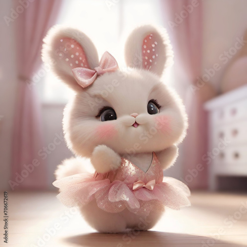 Cute little fluffy bunny as a ballerina.  Adorable bunny wearing ballet dancer pink dress.