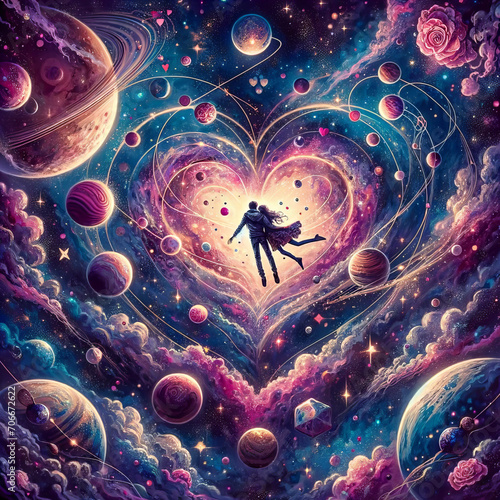 A cosmic dance amidst a heart-shaped nebula