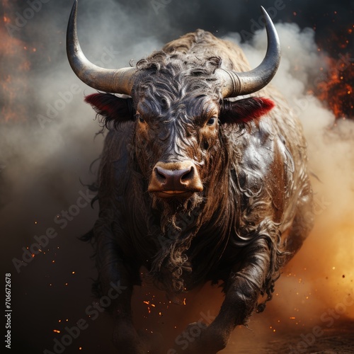 Portrait of a running bull in smoke, blood and fire. Traditional bullfighting in Spain. Dangerous bull hunt. Scary portrait of a bull running in the smoke. Bull's head in paint and smoke.