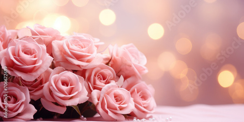 Festive background with pink roses and beautiful soft golden bokeh.Festive banner for birthday, mother's day, March 8, anniversary. Copy space. Mock up. Banner