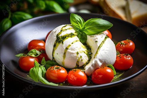 Burrata cheese with fresh basil and cherry tomatoes, selective focus, delicous food - photo