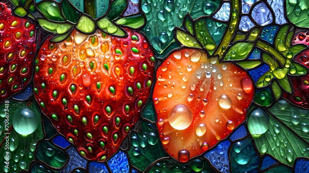 Stained glass window background with colorful Strawberry abstract.