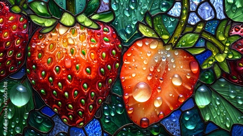 Stained glass window background with colorful Strawberry abstract.
