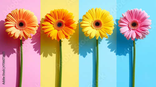 Flat lay of gerberas on a four-color background with blocks of pink  yellow  light and sky blue.  Vibrant Floral Display. Spring background.