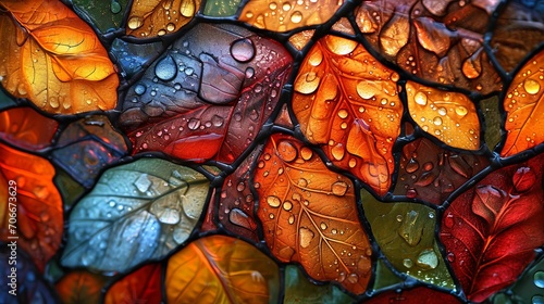 Stained glass window background with colorful leaf and water drops abstract.	 photo