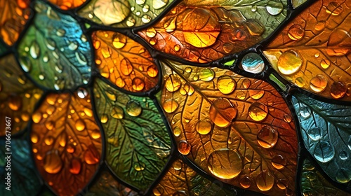 Stained glass window background with colorful leaf and water drops abstract.	