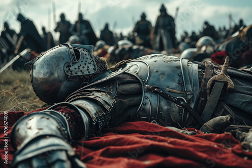 Bodies of medieval knights lying on battlefield