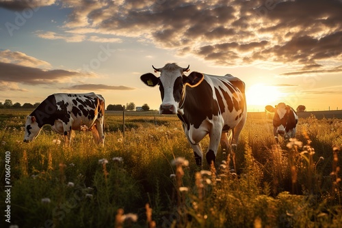 Cows grazing on a field with sunset sky