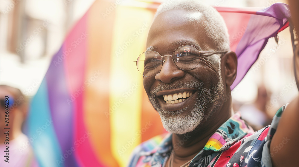Senior black african american gay man celebrating pride festival with rainbow flags, candid LGBTQ+ summer parade