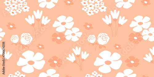 Seamless pattern with floral monochrome print. Silhouettes of abstract blooms on a peach background. Vector graphics.