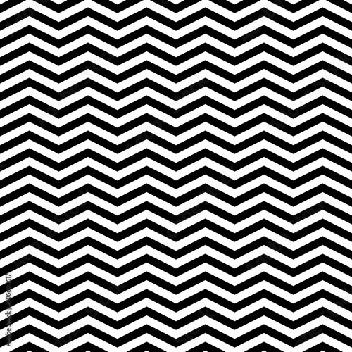 Black zigzag lines. Jagged stripes. Seamless surface pattern design with triangular waves ornament. Repeated chevrons wallpaper. Digital paper for page fills, web designing, textile print. Vector art.