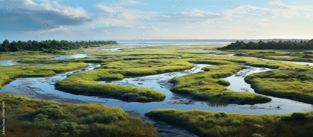 Naklejka premium Curving channels wind through wetlands.