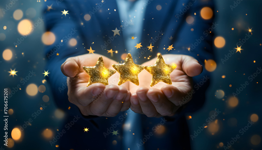 Businessman holding five glowing golden stars for excellent evaluation survey after client use product and service from customer satisfaction concept Businessman holding five glowing golden stars for excellent evaluation survey after client use product and service from customer satisfaction concept