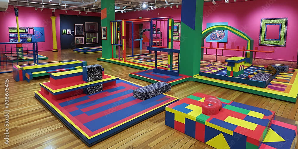 Uma fotografia de uma instalação influenciada pelos princípios da Op Art, apresentando ilusões ópticas, padrões geométricos e exploração da percepção visual por meio de formas e cores dinâmicas.