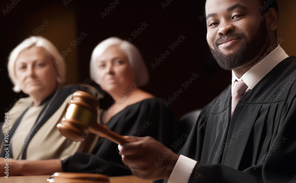 Judge holding of Judge hammer in courtroom. Justice in courthouse on law theme and human right. Punishment verdict of judges in court. Mallet of judge in courthouse during sentencing and trial process
