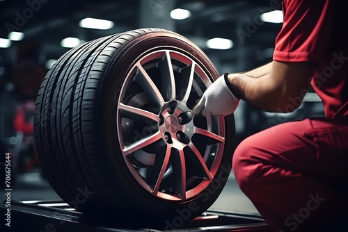 tire changing tyre repair car service shop background banner with copy space, close-up of auto mechanic hand on tire in automobile fixing garage 