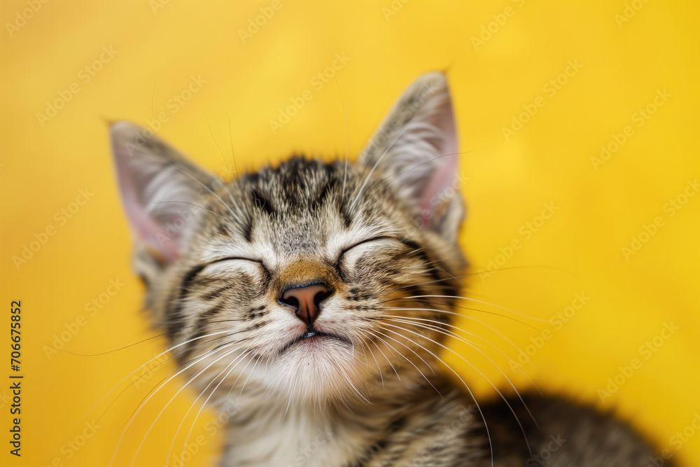 Cat smiling with happy expression and closed eyes on color background