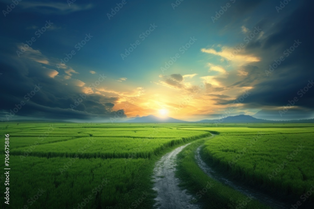 Obraz premium a path through a green field towards sunset