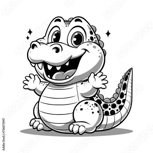 cute cartoon character of crocodile - black and white (artwork 1)