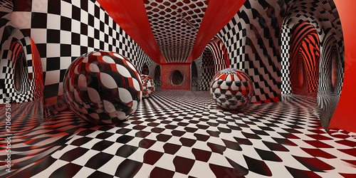 Uma fotografia de uma instalação influenciada pelos princípios da Op Art, apresentando ilusões ópticas, padrões geométricos e exploração da percepção visual por meio de formas e cores dinâmicas.