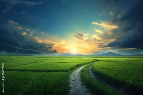 a path through a green field towards sunset