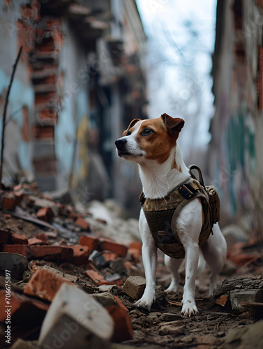 Determined Jack Russell Terrier in a tactical vest navigating disaster rubble, symbolizing search and rescue valor